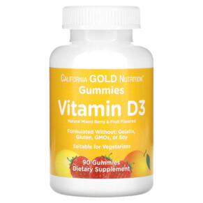 Thực phẩm chức năng California Gold Nutrition Vitamin D3 Gummies No Gelatin No Gluten Mixed Berry & Fruit Flavors 25 mcg (1.000 IU) 90 Gummies 898220011964