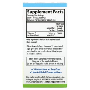 Thành phần vi chất của Carlson Baby's Super Daily D3 10 mcg (400 IU) 0.35 fl oz (10.3 ml) 088395012501
