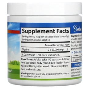 Thành phần vi chất của Carlson Glycine Powder Free Form Amino Acid 3.53 oz (100 g) 088395068355