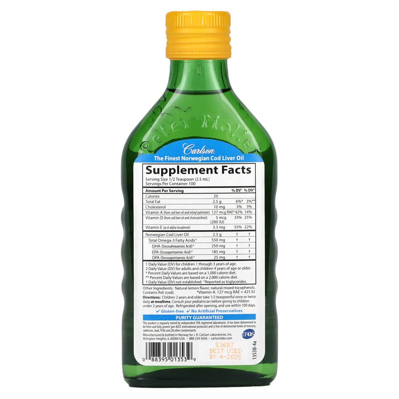 Carlson Kid's Norwegian Cod Liver Oil Natural Lemon 8.4 fl oz (250 ml) 2 Thành phần vi chất của Carlson Kid's Norwegian Cod Liver Oil Natural Lemon 8.4 fl oz (250 ml) 088395013539