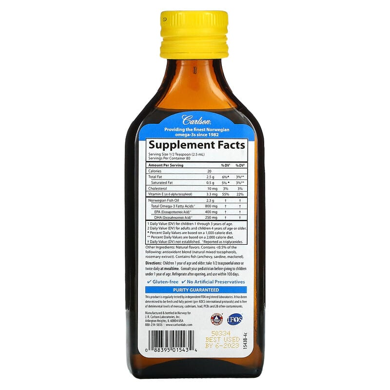 Carlson Kid's Norwegian The Very Finest Fish Oil Natural Lemon 800 mg 6.7 fl oz (200 ml) 2 Thành phần vi chất của Carlson Kid's Norwegian The Very Finest Fish Oil Natural Lemon 800 mg 6.7 fl oz (200 ml) 088395015434