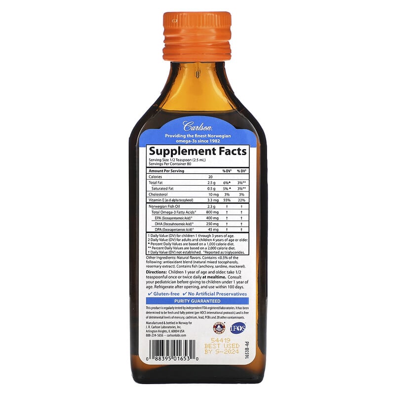 Carlson Kid's Norwegian The Very Finest Fish Oil Natural Orange 800 mg 6.7 fl oz (200 ml) 2 Thành phần vi chất của Carlson Kid's Norwegian The Very Finest Fish Oil Natural Orange 800 mg 6.7 fl oz (200 ml) 088395016530