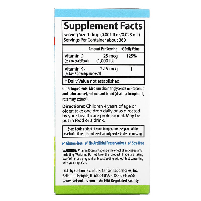 Carlson Kid's Super Daily D3+K2 25 mcg (1.000 IU) & 22.5 mcg 0.34 fl oz (10.16 ml) 2 Thành phần vi chất của Carlson Kid's Super Daily D3+K2 25 mcg (1.000 IU) & 22.5 mcg 0.34 fl oz (10.16 ml) 088395105302