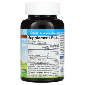 Thành phần vi chất của Carlson Kid's Vitamin C Gummies Natural Orange 125 mg 60 Vegetarian Gummies 088395490309