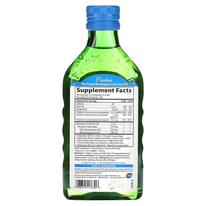 Carlson Kid's Wild Norwegian Cod Liver Oil Bubble Gum 8.4 fl oz (250 ml) 2 Thành phần vi chất của Carlson Kid's Wild Norwegian Cod Liver Oil Bubble Gum 8.4 fl oz (250 ml) 088395136306