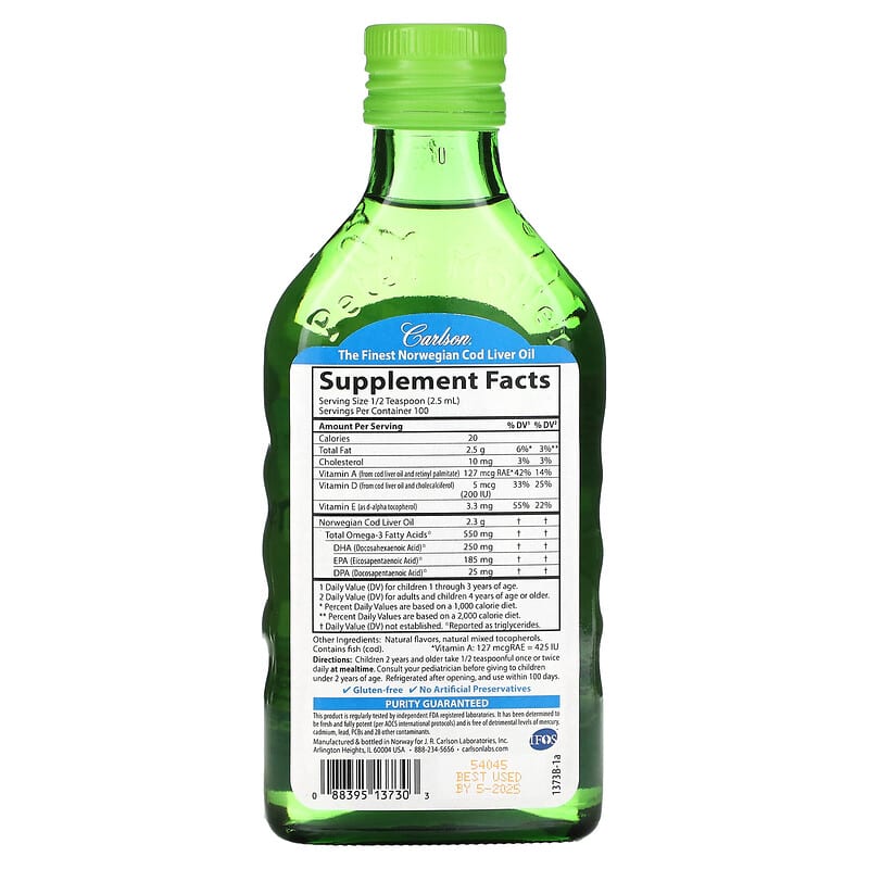 Carlson Kids Cod Liver Oil Natural Green Apple 550 mg 8.4 fl oz (250 ml) 2 Thành phần vi chất của Carlson Kids Cod Liver Oil Natural Green Apple 550 mg 8.4 fl oz (250 ml) 088395137303
