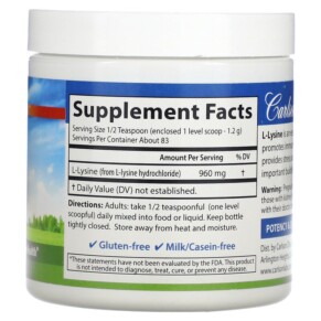 Thành phần vi chất của Carlson L-Lysine Powder 960 mg 3.53 oz (100 g) 088395068850