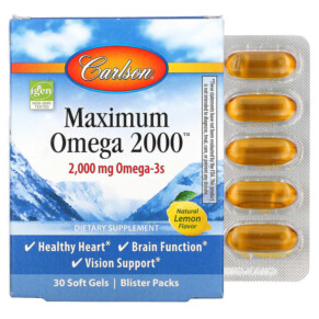 Thực phẩm chức năng Carlson Maximum Omega 2000 Natural Lemon Flavor 1.000 mg 30 Softgels 088395600203