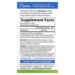Thành phần vi chất của Carlson Melatonin Natural Strawberry Lemon 300 mcg 30 Tablets 088395873607