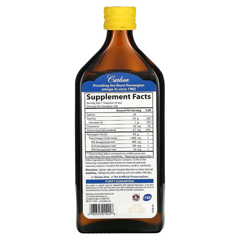 Carlson Norwegian The Very Finest Fish Oil Natural Lemon 1.600 mg 16.9 fl oz (500 ml) 2 Thành phần vi chất của Carlson Norwegian The Very Finest Fish Oil Natural Lemon 1.600 mg 16.9 fl oz (500 ml) 088395015458