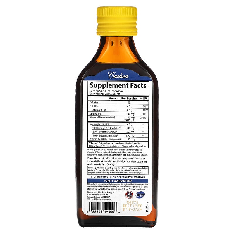 Carlson Omega 3 Plus D & K Natural Lemon 1.430 mg 6.7 fl oz (200 ml) 2 Thành phần vi chất của Carlson Omega 3 Plus D & K Natural Lemon 1.430 mg 6.7 fl oz (200 ml) 088395195006