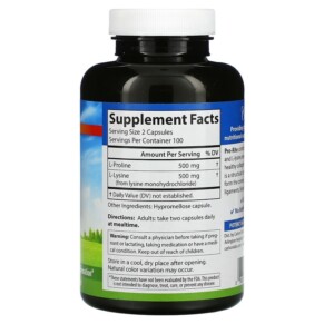 Thành phần vi chất của Carlson Pro-Rite Free-Form L-Proline & L-Lysine 200 Vegetarian Capsules 088395687303