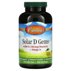 Thực phẩm chức năng Carlson Solar D Gems Natural Lemon 100 mg (4.000 IU) 360 Soft Gels 088395014833