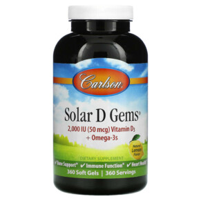 Thực phẩm chức năng Carlson Solar D Gems Vitamin D3 + Omega-3s Natural Lemon 360 Soft Gels 088395014734