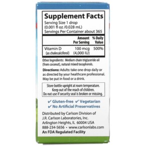 Thành phần vi chất của Carlson Super Daily D3 100 mcg (4.000 IU) 0.35 fl oz (10.3 ml) 088395012907