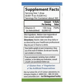Thành phần vi chất của Carlson Super Daily D3 150 mcg (6.000 IU) 0.35 fl oz (10.3 ml) 088395120008