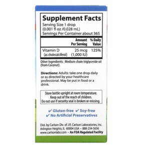 Thành phần vi chất của Carlson Super Daily D3 25 mcg (1.000 IU) 0.35 fl oz (10.3 ml) 088395012709