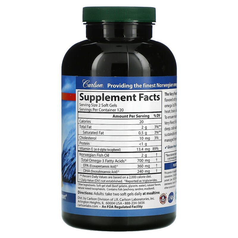 Carlson The Very Finest Fish Oil Natural Lemon 350 mg 240 Soft Gels 2 Thành phần vi chất của Carlson The Very Finest Fish Oil Natural Lemon 350 mg 240 Soft Gels 088395016325