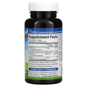 Thành phần vi chất của Carlson Tri-B with B6 B12 & Folic Acid 360 Tablets 088395020032