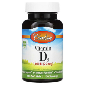 Thực phẩm chức năng Carlson Vitamin D3 25 mcg (1.000 IU) 100 Soft Gels 088395014512