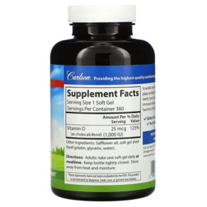 Thành phần vi chất của Carlson Vitamin D3 25 mcg (1.000 IU) 360 Soft Gels 088395145605