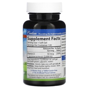Thành phần vi chất của Carlson Vitamin D3 50 mcg (2.000 IU) 120 Soft Gels 088395014611