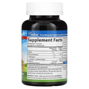 Thành phần vi chất của Carlson Vitamin D3 Gummies Natural Fruit Flavors 25 mcg (1.000 IU) 60 Gummies 088395494000