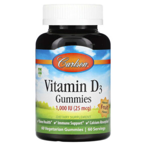 Thực phẩm chức năng Carlson Vitamin D3 Gummies Natural Fruit Flavors 25 mcg (1.000 IU) 60 Gummies 088395494000