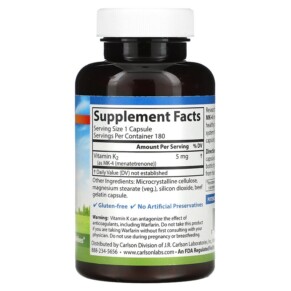 Thành phần vi chất của Carlson Vitamin K2 MK-4 (Menatetrenone) 5 mg 180 Capsules 088395010019