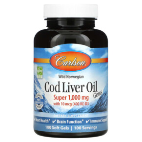 Thực phẩm chức năng Carlson Wild Norwegian Cod Liver Oil Gems 1.000 mg 100 Soft Gels 088395013010