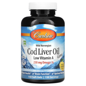 Thực phẩm chức năng Carlson Wild Norwegian Cod Liver Oil Gems Low Vitamin A Natural Lemon 230 mg 150 Soft Gels 088395013911