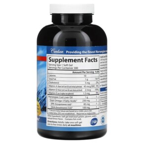 Thành phần vi chất của Carlson Wild Norwegian Cod Liver Oil Gems Low Vitamin A Natural Lemon 230 mg 300 Soft Gels 088395013935