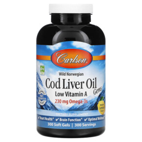 Thực phẩm chức năng Carlson Wild Norwegian Cod Liver Oil Gems Low Vitamin A Natural Lemon 230 mg 300 Soft Gels 088395013935