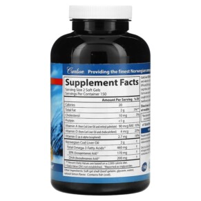 Thành phần vi chất của Carlson Wild Norwegian Cod Liver Oil Gems Natural Lemon 230 mg 300 Soft Gels 088395013836