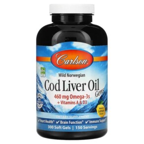 Thực phẩm chức năng Carlson Wild Norwegian Cod Liver Oil Gems Natural Lemon 230 mg 300 Soft Gels 088395013836