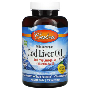 Thực phẩm chức năng Carlson Wild Norwegian Cod Liver Oil Gems Natural Lemon 460 mg 150 Soft Gels 088395013812