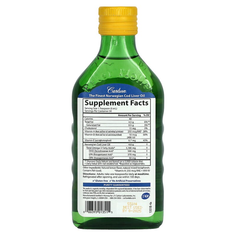 Carlson Wild Norwegian Cod Liver Oil Natural Lemon 1.000 mg 8.4 fl oz (250 ml) 2 Thành phần vi chất của Carlson Wild Norwegian Cod Liver Oil Natural Lemon 1.000 mg 8.4 fl oz (250 ml) 088395013515