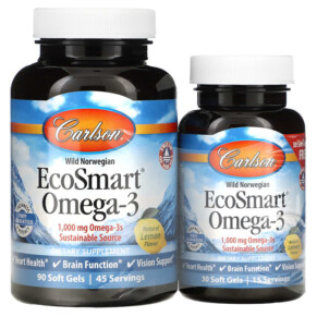Thực phẩm chức năng Carlson Wild Norwegian EcoSmart Omega-3 Natural Lemon 500 mg 90 + 30 Soft Gels 088395018046