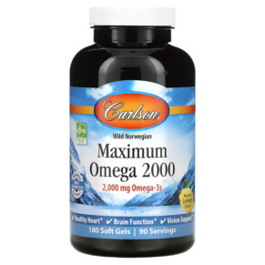 Thực phẩm chức năng Carlson Wild Norwegian Maximum Omega 2000 Natural Lemon 1.000 mg 180 Soft Gels 088395172205