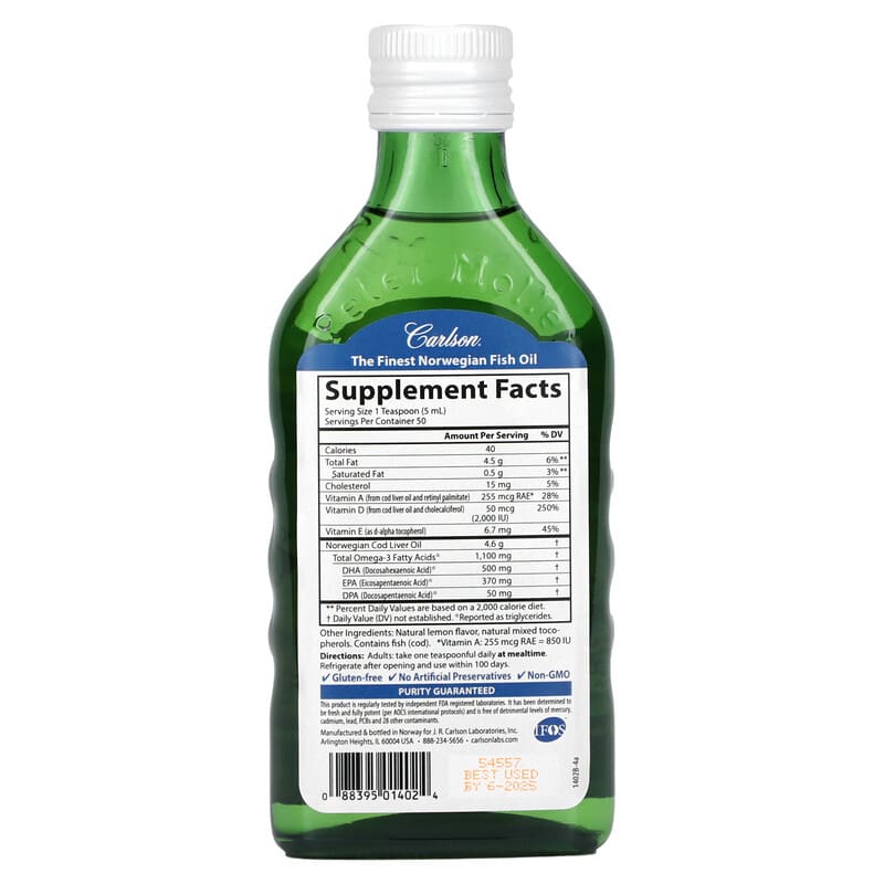Carlson Wild Norwegian Super D Omega-3 Natural Lemon 8.4 fl oz (250 ml) 2 Thành phần vi chất của Carlson Wild Norwegian Super D Omega-3 Natural Lemon 8.4 fl oz (250 ml) 088395014024