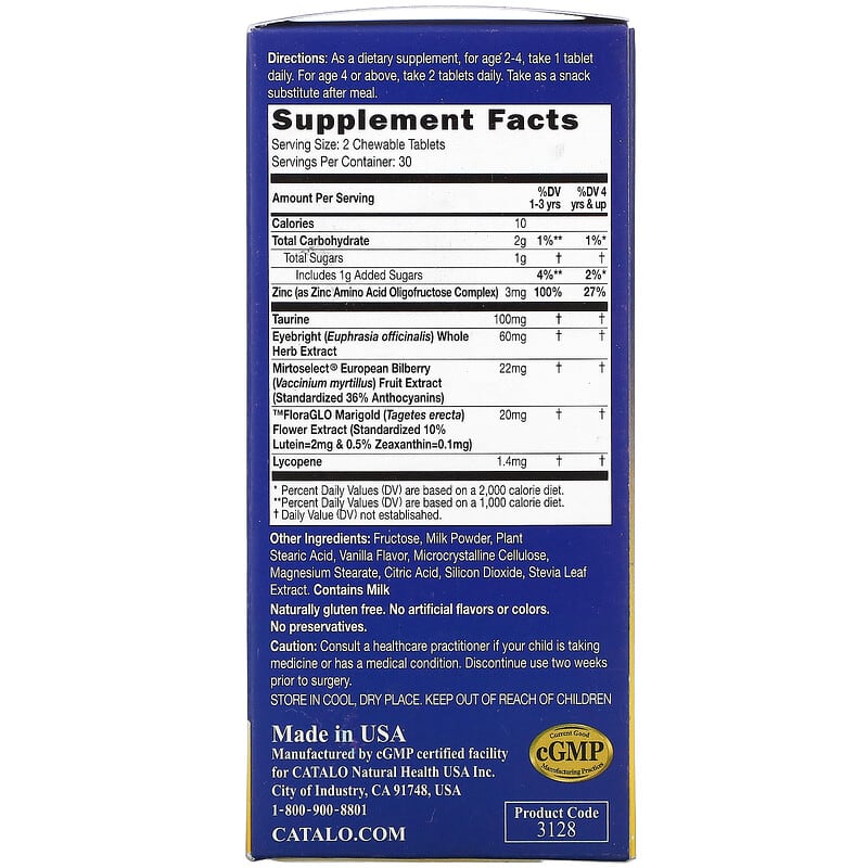 Catalo Naturals Children's Eye Health Formula Blueberry 60 Chewable Tablets 2 Thành phần vi chất của Catalo Naturals Children's Eye Health Formula Blueberry 60 Chewable Tablets 810399025726