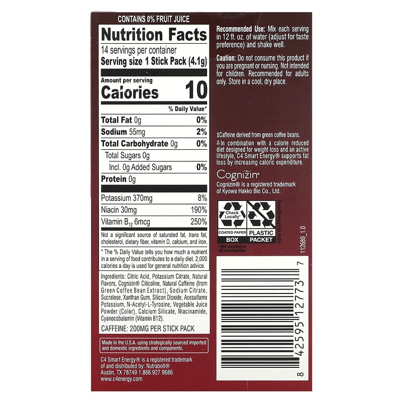 Cellucor C4 Smart Energy Black Cherry 14 Stick Packs 0.14 oz (4.1 g) Each 2 Thành phần vi chất của Cellucor C4 Smart Energy Black Cherry 14 Stick Packs 0.14 oz (4.1 g) Each 842595127737