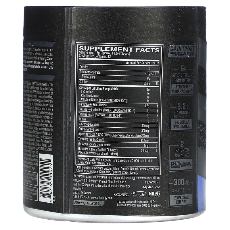 Cellucor C4 Ultimate Pre-Workout Performance Icy Blue Razz 6.77 oz (192 g) 2 Thành phần vi chất của Cellucor C4 Ultimate Pre-Workout Performance Icy Blue Razz 6.77 oz (192 g) 842595119251