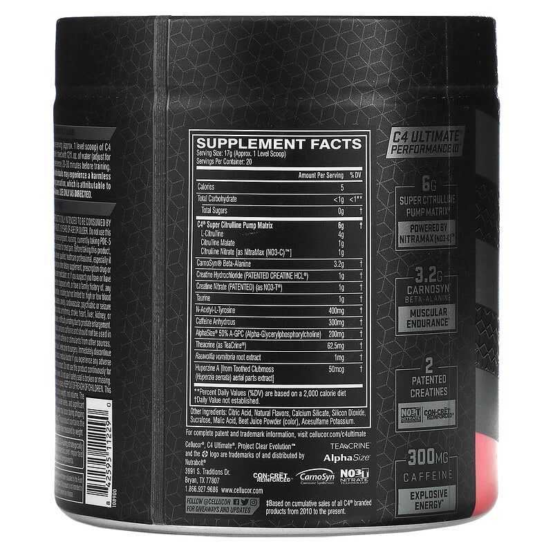 Cellucor C4 Ultimate Pre-Workout Performance Strawberry Watermelon 11.99 oz (340 g) 2 Thành phần vi chất của Cellucor C4 Ultimate Pre-Workout Performance Strawberry Watermelon 11.99 oz (340 g) 842595112290