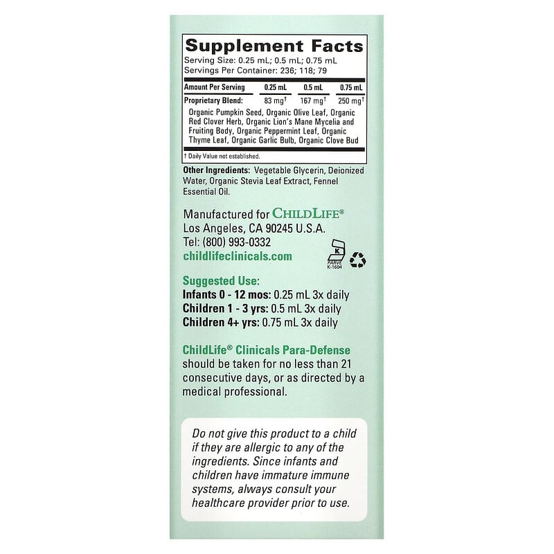 Childlife Clinicals Para-Defense Healthy Intestinal Microbiome 2 fl oz (59 ml) 2 Thành phần vi chất của Childlife Clinicals Para-Defense Healthy Intestinal Microbiome 2 fl oz (59 ml) 850005307129