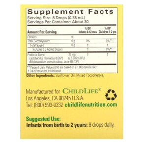 Thành phần vi chất của ChildLife Essentials InfantBiotics Probiotic Drops 2.6 Billion CFU 0.36 fl oz (10.5 ml) 608274166004