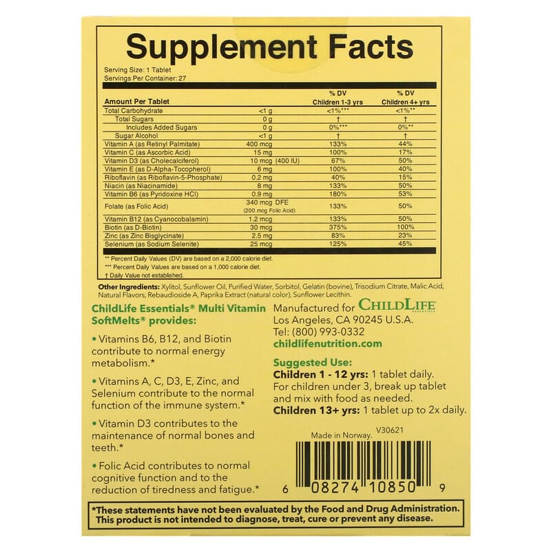 ChildLife Essentials Multi Vitamin SoftMelts Natural Orange 27 Tablets 2 Thành phần vi chất của ChildLife Essentials Multi Vitamin SoftMelts Natural Orange 27 Tablets 608274108509