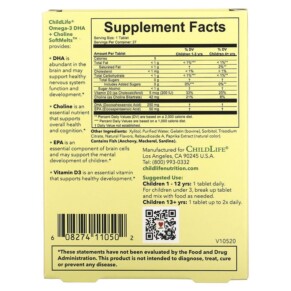 Thành phần vi chất của ChildLife Essentials Omega-3 DHA + Choline SoftMelts Natural Passion Fruit 27 Tablets 608274110502