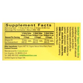 Thành phần vi chất của ChildLife Essentials Organic Vitamin D3 Drops Natural Berry 400 IU 0.21 fl oz (6.25 ml) 608274130005