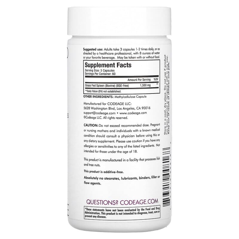 Codeage Grass-Fed Beef Spleen 180 Capsules 2 Thành phần vi chất của Codeage Grass-Fed Beef Spleen 180 Capsules 853919008168